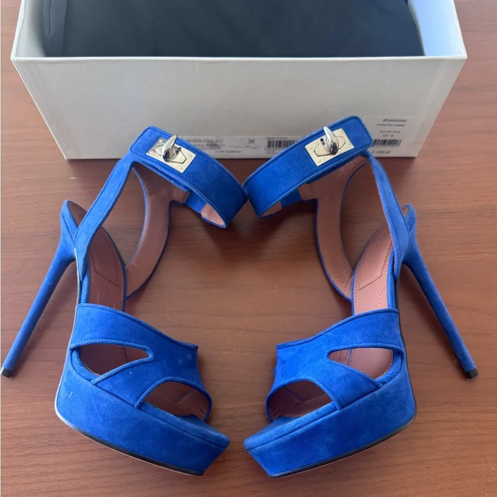 GIVENCHY SUEDE SHARK LOCK ELECTRIC BLUE HEEL SANDALS - Picture 2 of 6